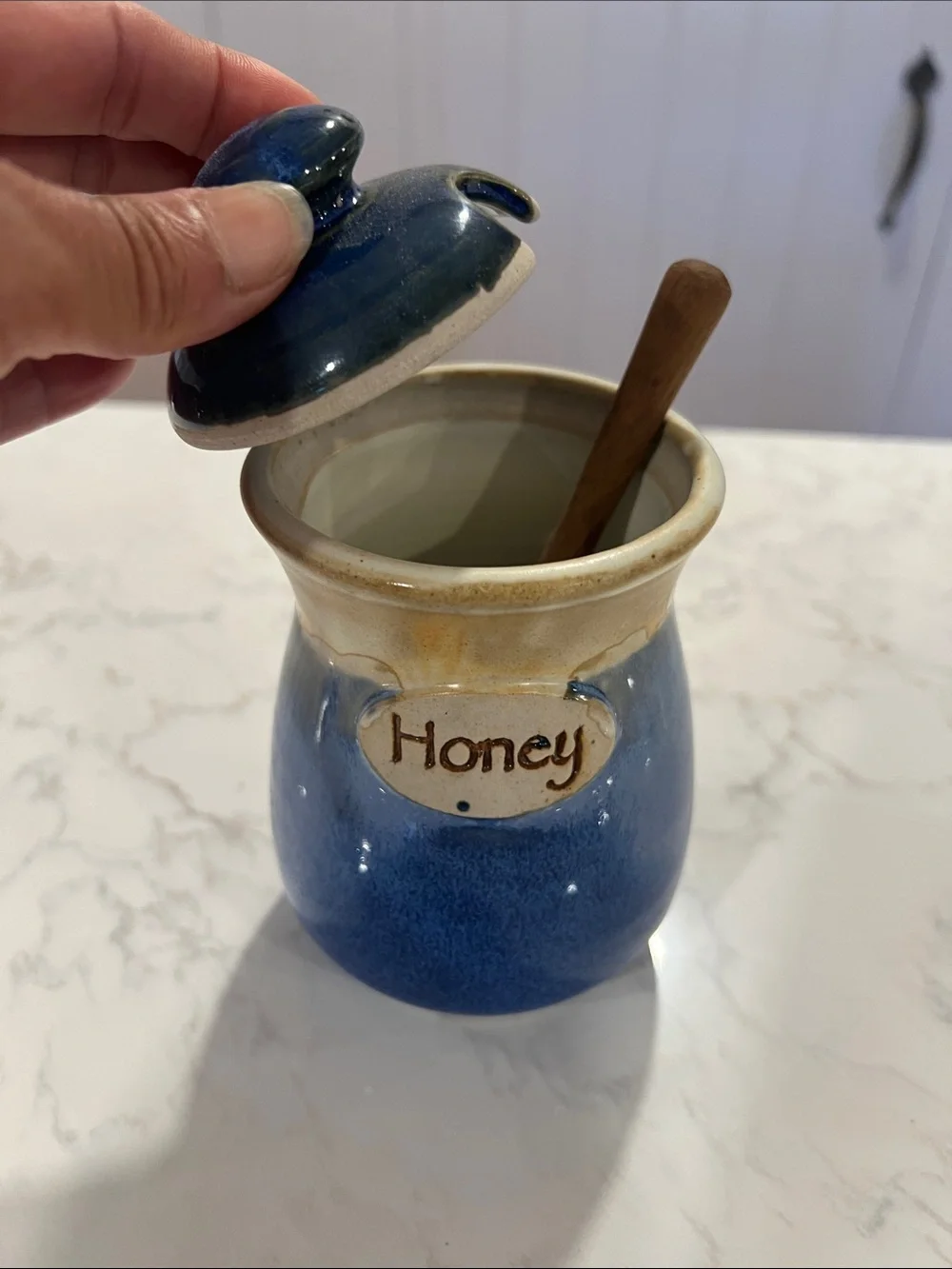 Handmade Blue Ceramic Honey Jar, Lid and Dipper, Homestead Pottery, Waco, Texas